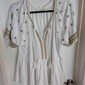 Lucky Brand White Blouse with Gold Embroidery